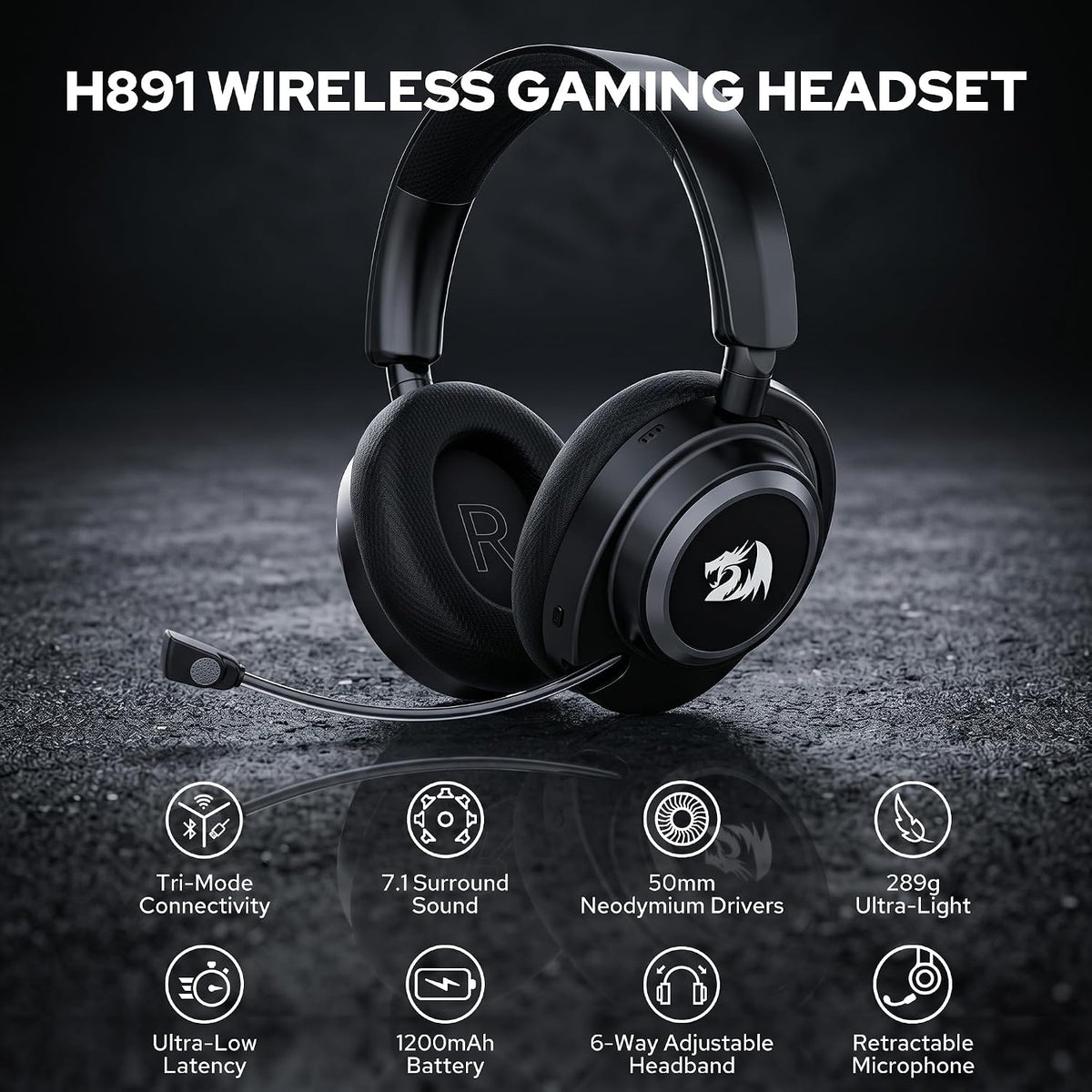 Redragon h891 wireless gaming headset tri-mode (2.4g/bt/wired) 65h battery 50mm drivers & 7.1 surround sound