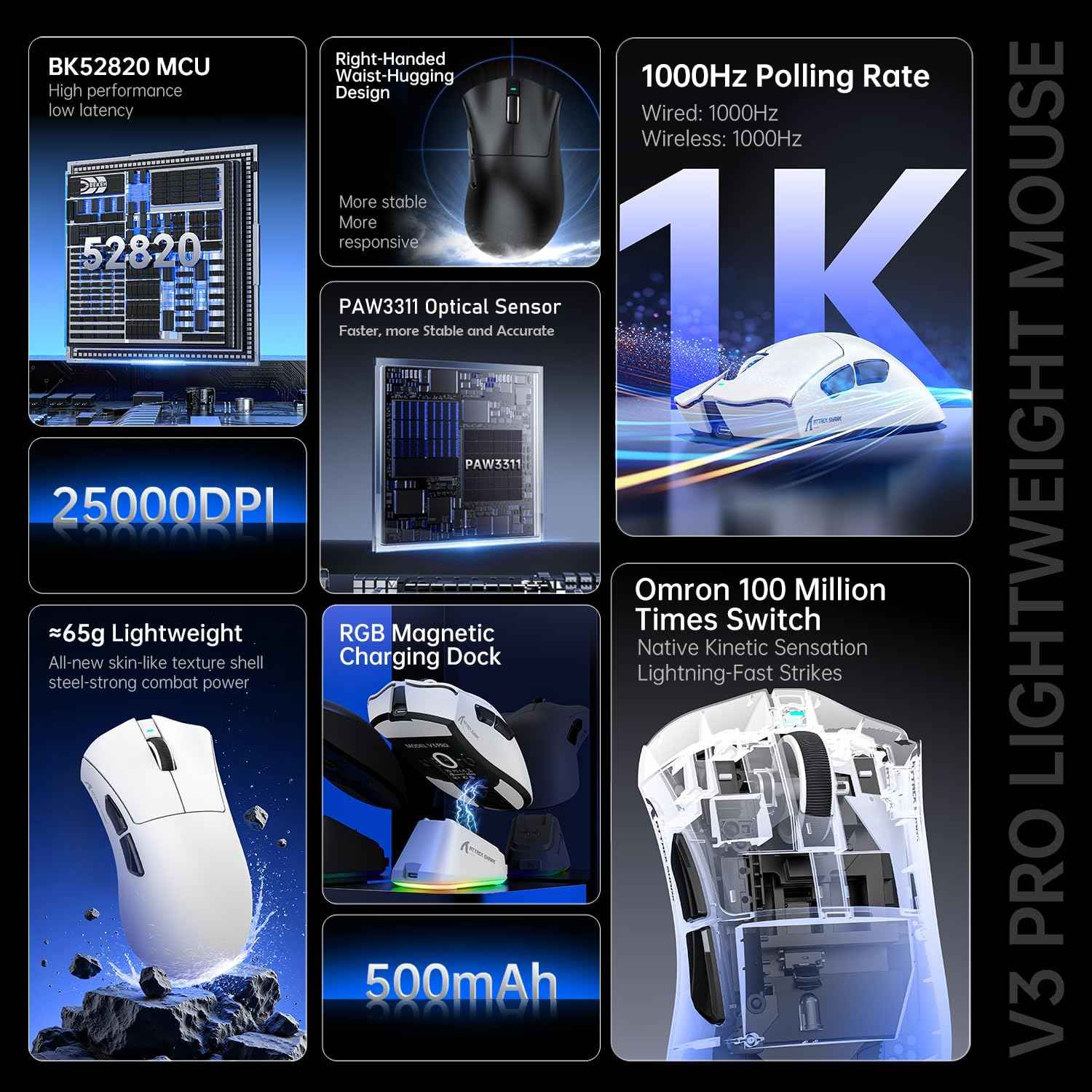 ATTACK SHARK V3 PRO Wireless Esports Gaming Mouse with Magnetic Charging Dock:62g Lightweight-1K Polling-25K DPI-PAW3311 Sensor,Wired/BT/2.4Ghz Programmable,BK52820 IC for PC Laptop Gamer(White+Tape)
