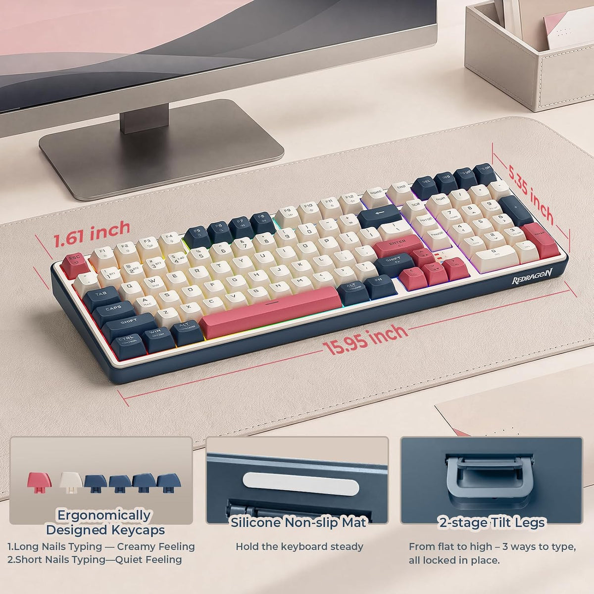 Redragon s174 gaming keyboard and mouse wireless with tri-mode rgb keyboard and 5000 dpi 61g ultra-light gaming mouse