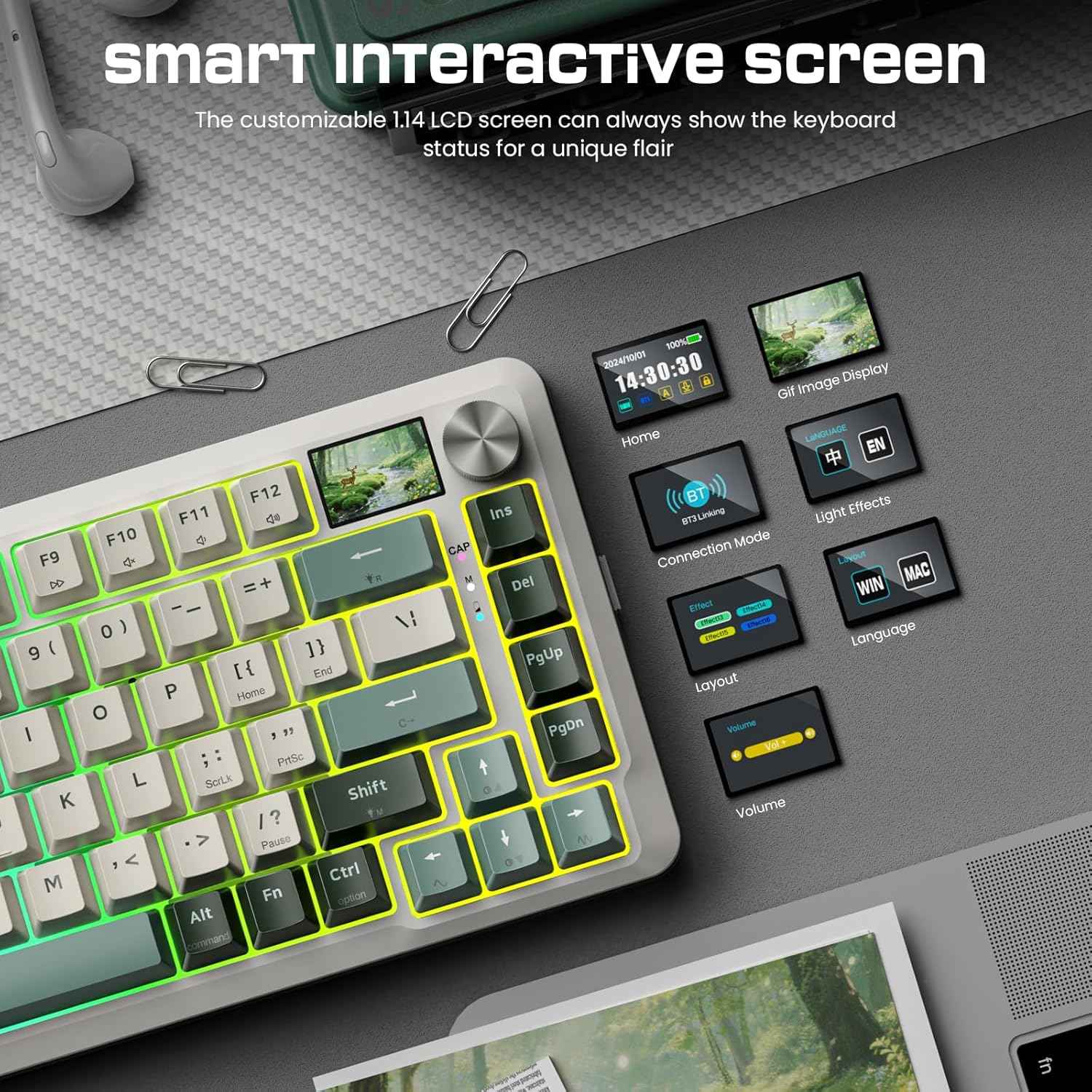 Redragon K708 Pro Wireless Mechanical Gaming Keyboard - Gasket-Mounted RGB Backlit, 81 Customizable Keys, 3-Mode (2.4G/Bluetooth/USB), Hot-Swap Pre-Lubed Switches, Screen & Control Knob - White Green