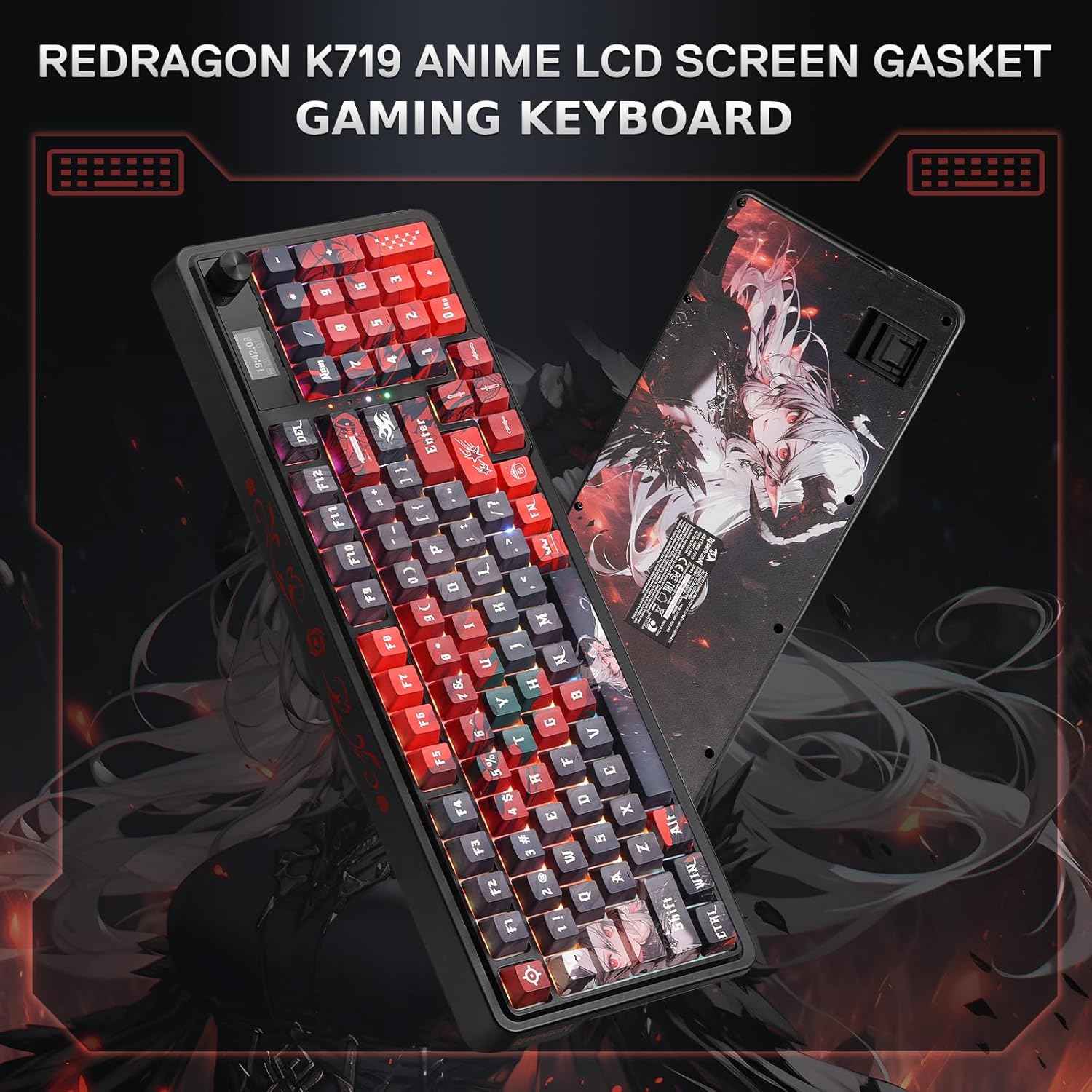 Redragon K719 PRO Wireless Gasket Gaming Keyboard w/Hype Screen & Knob, 95 Keys Mechanical Keyboard, Easy-Control 1.14’’ TFT Info Display, 5-Layer Noise Dampening, Custom Linear Switch, Anime Edition