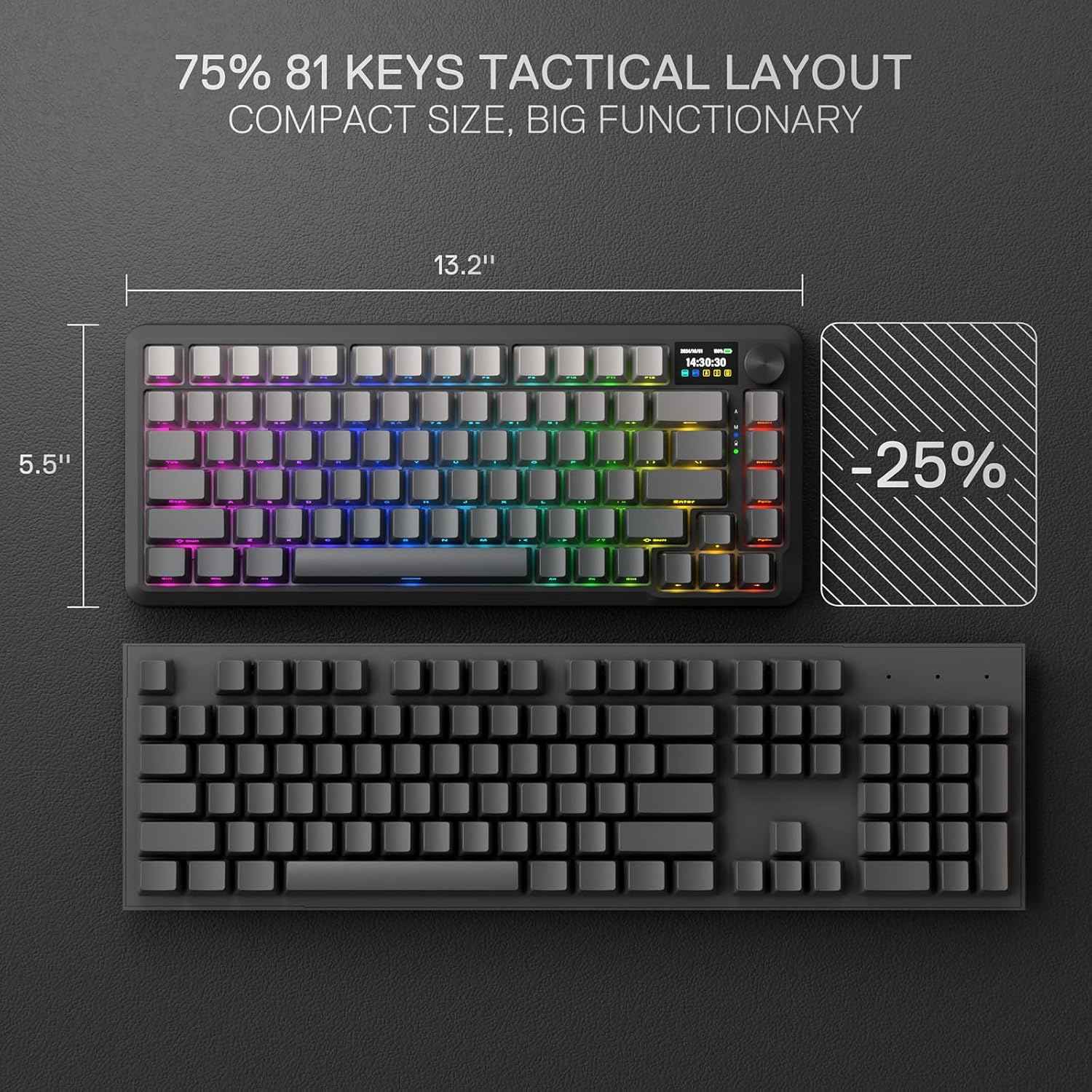Redragon K724 PRO Wireless Gasket Gaming Keyboard w/Hype 1.14’’ TFT Screen & Knob, 81-Key 75% Mechanical Keyboard, 5-Layer Noise Dampening, Hot-Swap South-Facing RGB Socket, Gradient PBT Keycaps