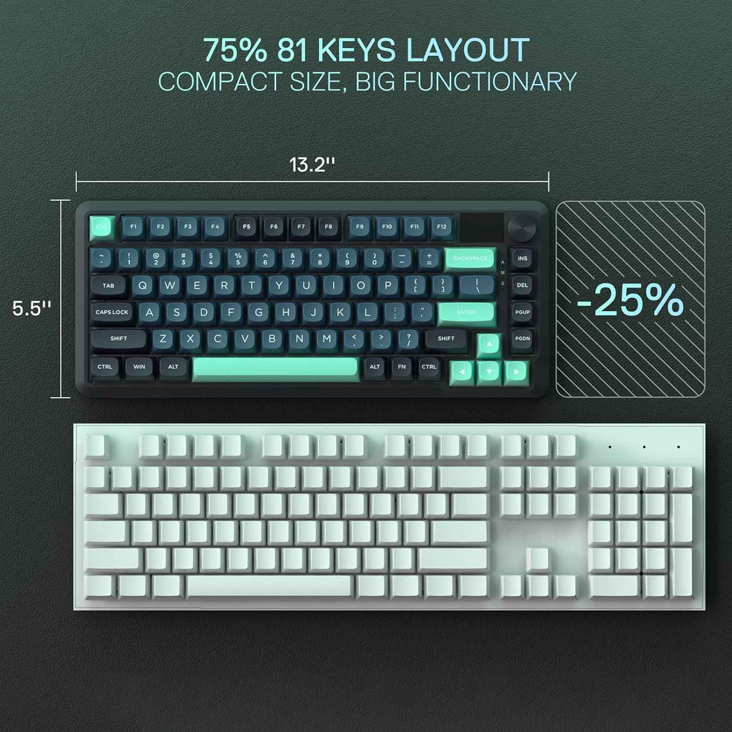 Redragon K724 PRO Wireless Gasket Gaming Keyboard w/Hype Screen & Knob, 81-Key Mechanical Keyboard, Easy-Control 1.14’’ TFT Info Display, 5-Layer Noise Dampening, Custom Linear Switch, Dark Jade Color