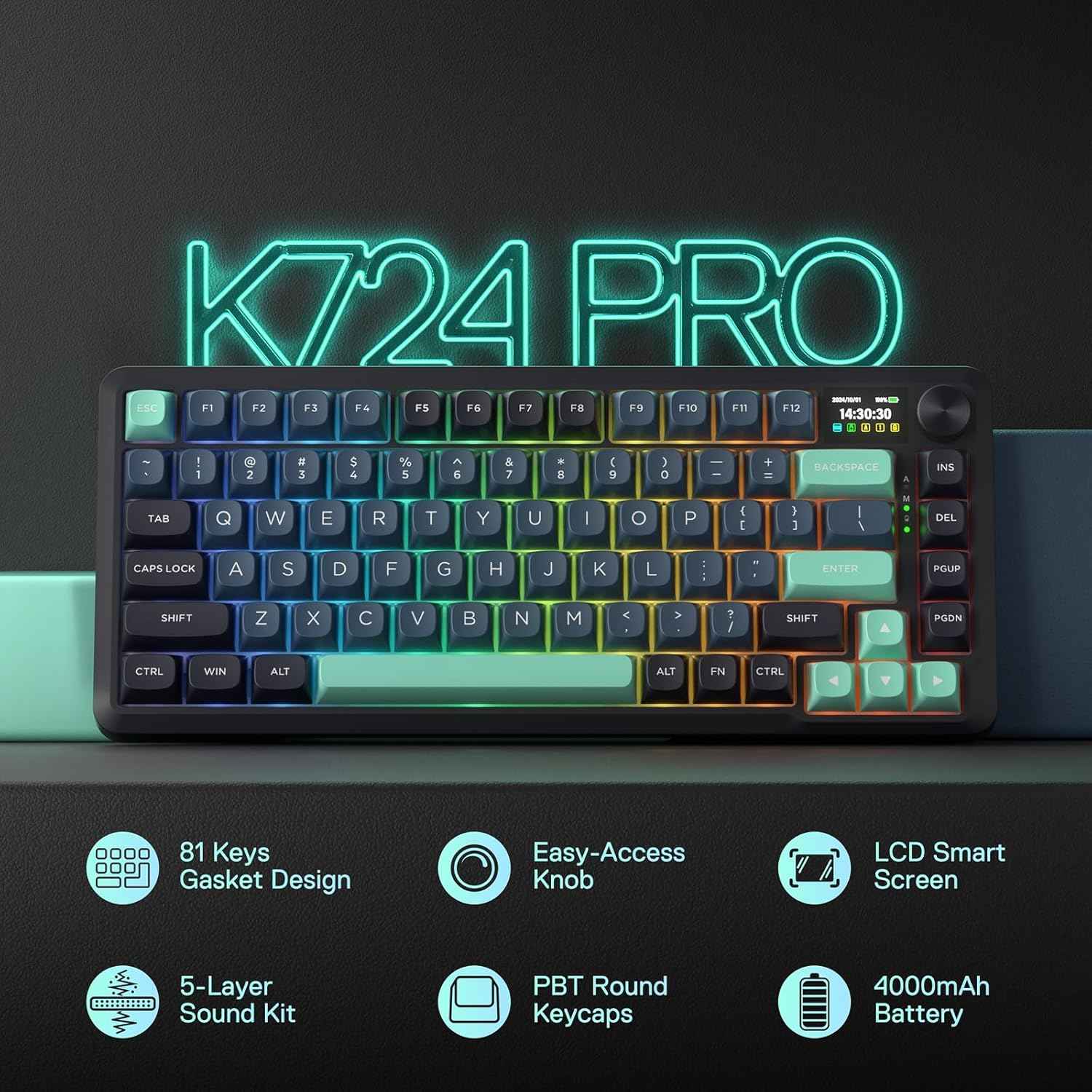 Redragon K724 PRO Wireless Gasket Gaming Keyboard w/Hype Screen & Knob, 81-Key Mechanical Keyboard, Easy-Control 1.14’’ TFT Info Display, 5-Layer Noise Dampening, Custom Linear Switch, Dark Jade Color