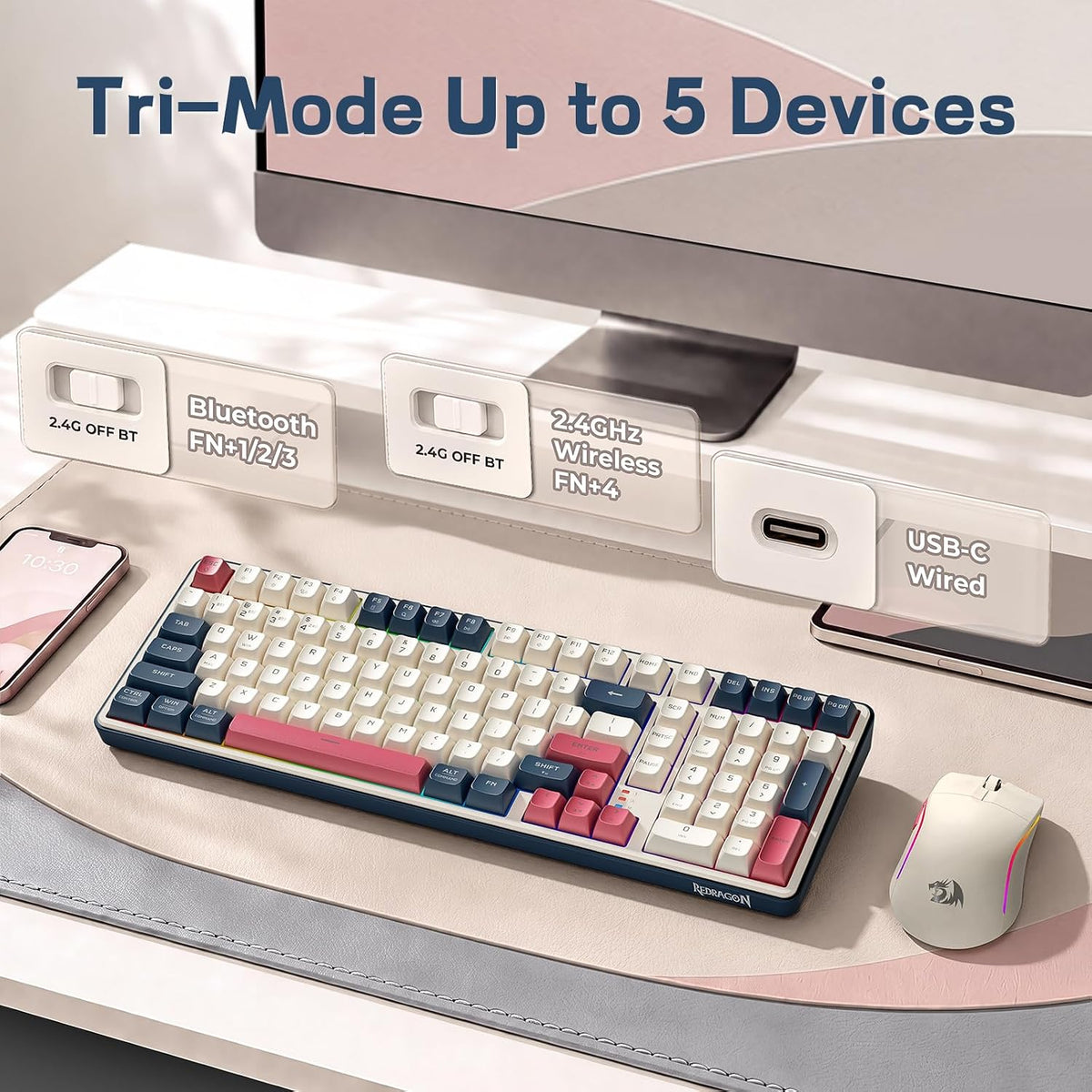 Redragon s174 gaming keyboard and mouse wireless with tri-mode rgb keyboard and 5000 dpi 61g ultra-light gaming mouse