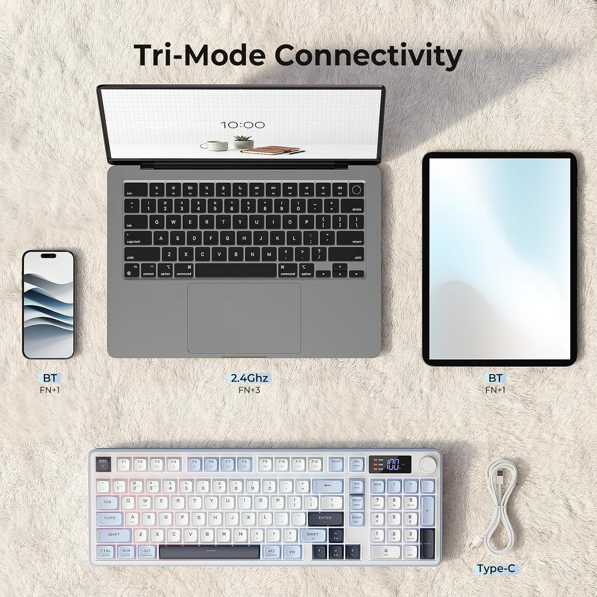 Redragon wireless gaming keyboard 98-key tri-mode (bt/2.4g/wired) rgb computer keyboard with knob & display