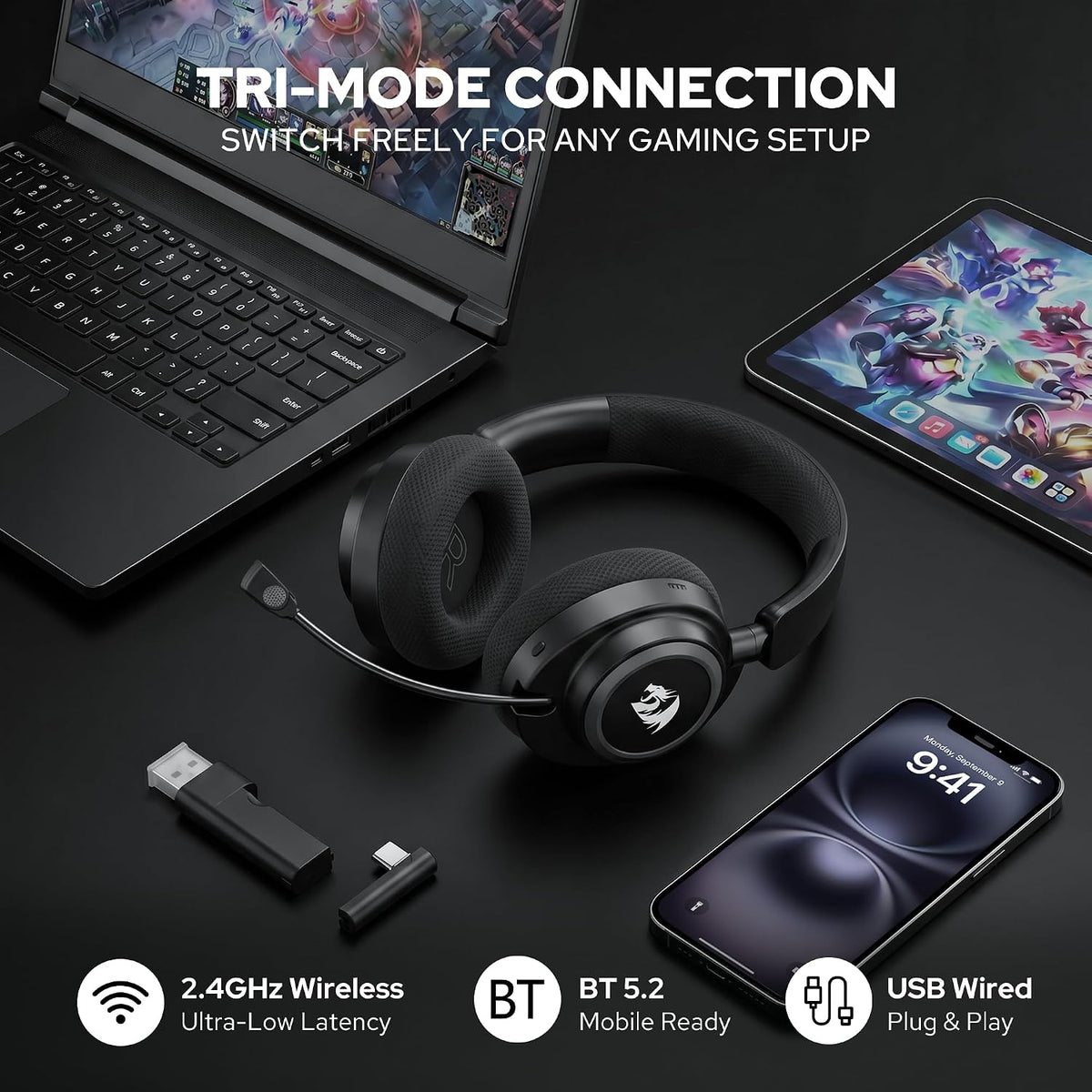 Redragon h891 wireless gaming headset tri-mode (2.4g/bt/wired) 65h battery 50mm drivers & 7.1 surround sound