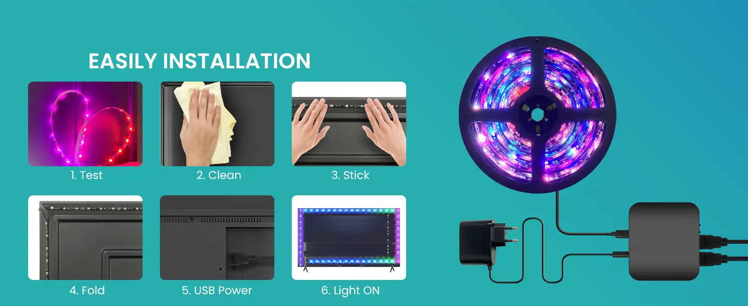 LED light strip installation guide showing six steps: unroll strip, attach adhesive, plug in USB, fold excess, connect power adapter, and illuminate. Includes images of the colorful lit strip and components.