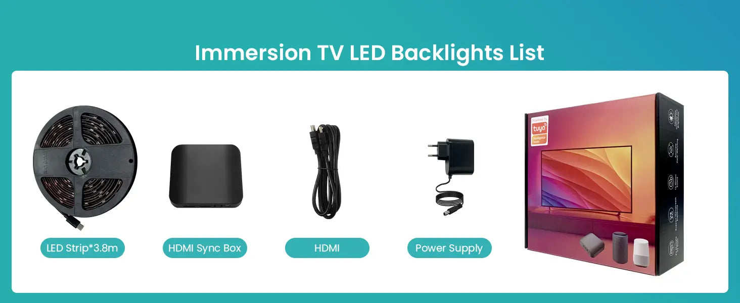 LED backlights kit for TV including LED strip, control box, HDMI cable, power supply, and product box showing a colorful display effect on a TV screen.
