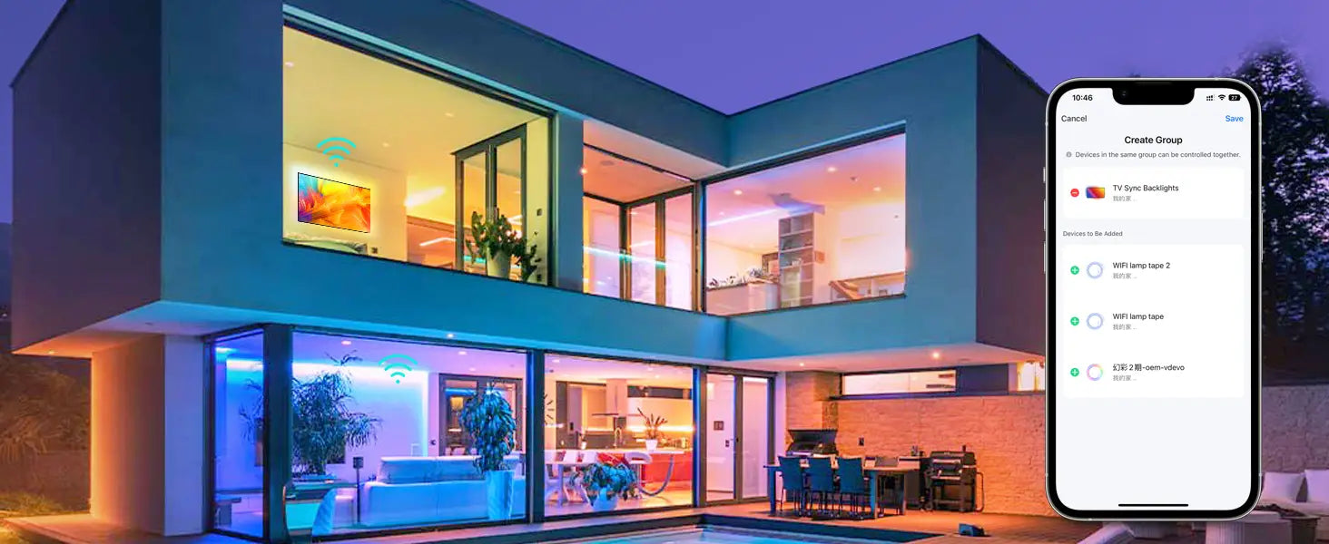 Modern smart home with color-changing LED lights visible through large windows. Smartphone screen displays app interface for controlling home automation features.