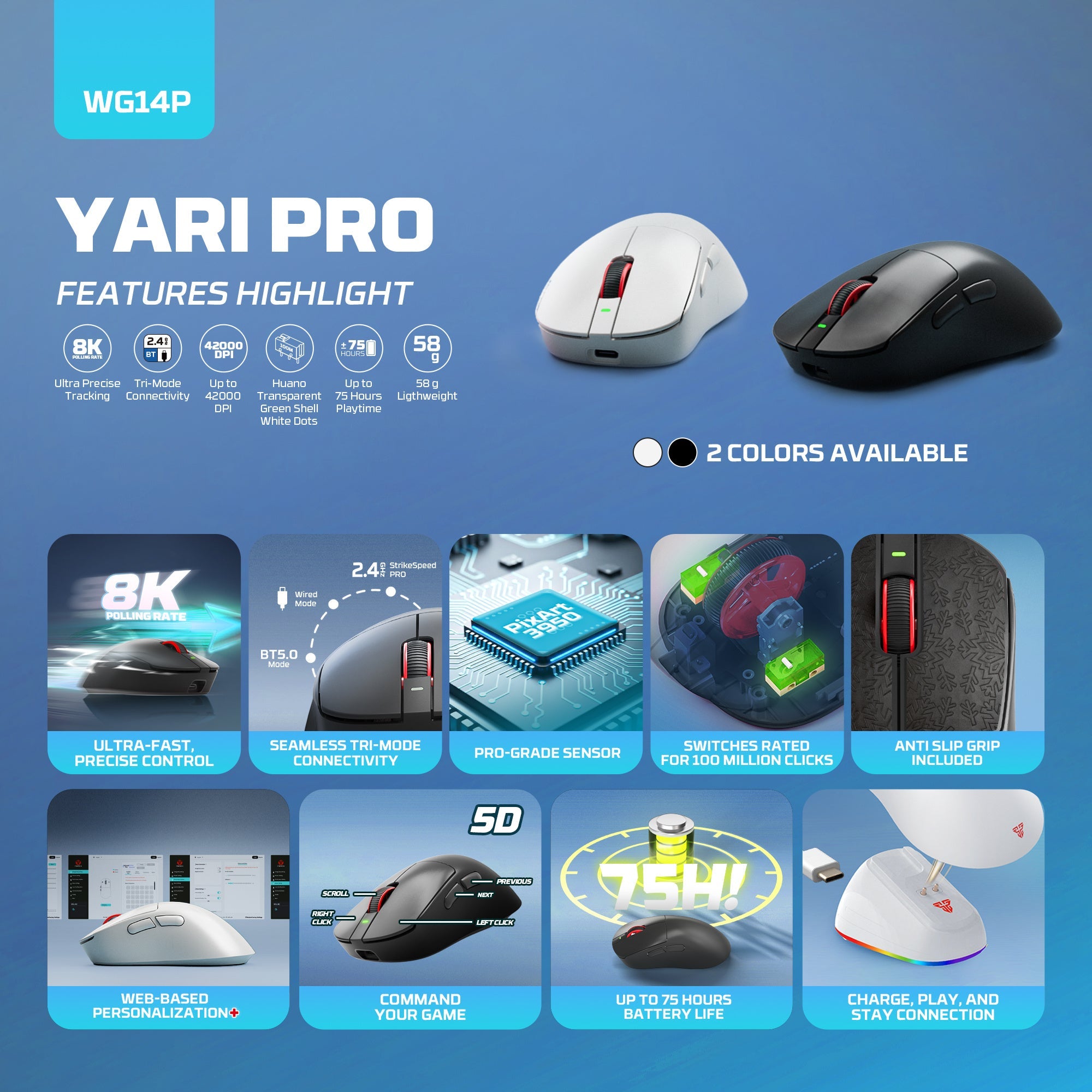 FANTECH WG14P Lightweight Wireless Gaming Mouse PAW3950 Sensor 8KHz Polling Mice With RGB Charging Dock For FPS Gamers