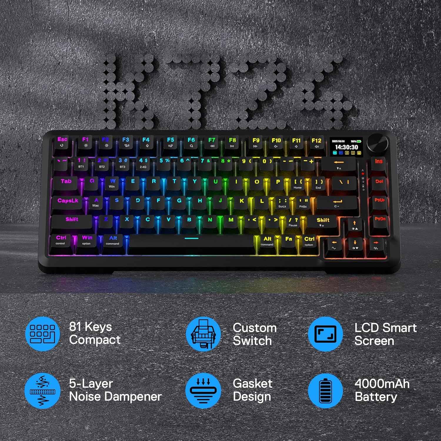 Redragon K724 PRO Wireless Gasket Gaming Keyboard w/Hype Screen & Knob, 81-Key Mechanical Keyboard, Easy-Control 1.14’’ TFT Info Display, 5-Layer Noise Dampening, Custom Linear Switch