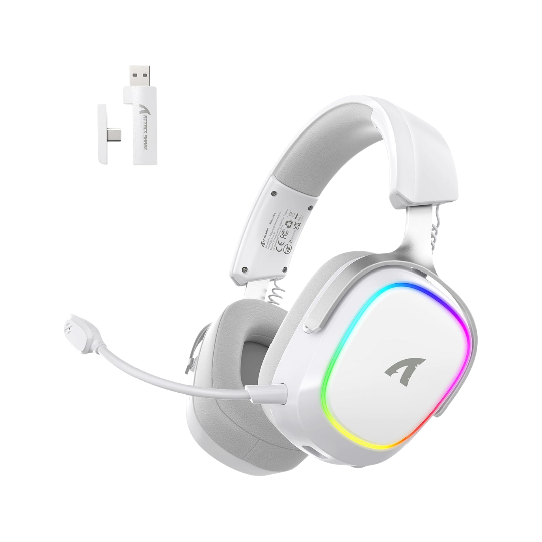 ATTACK SHARK G800 Wireless RGB Gaming Headset:7.1 Surround Sound-50mm Drivers-Memory Foam Ear Pads,Wired/2.4Ghz/BT,Ultralight,Durable Aluminum Frame,Detachable Mic,Programmable for PC Mac Gamer(White)