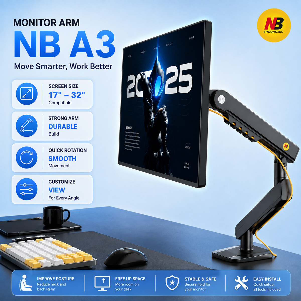 North bayou nb a3 monitor stand monitor arm suitable for 17–32 inch monitors easy installation desk clamp base.