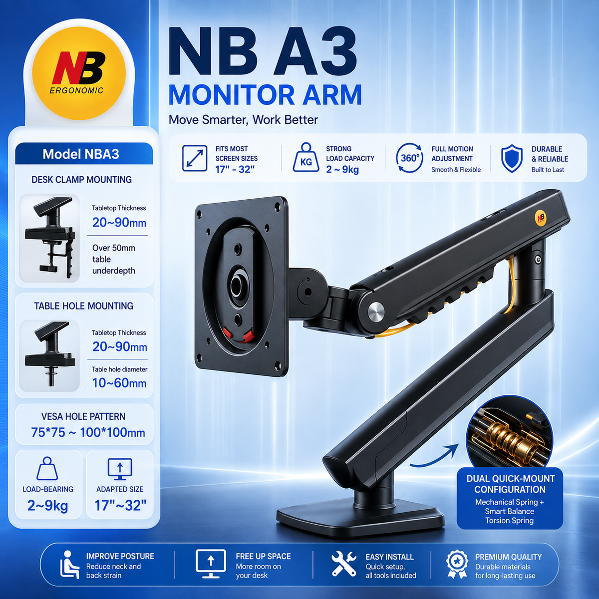 North bayou nb a3 monitor stand monitor arm suitable for 17–32 inch monitors easy installation desk clamp base.