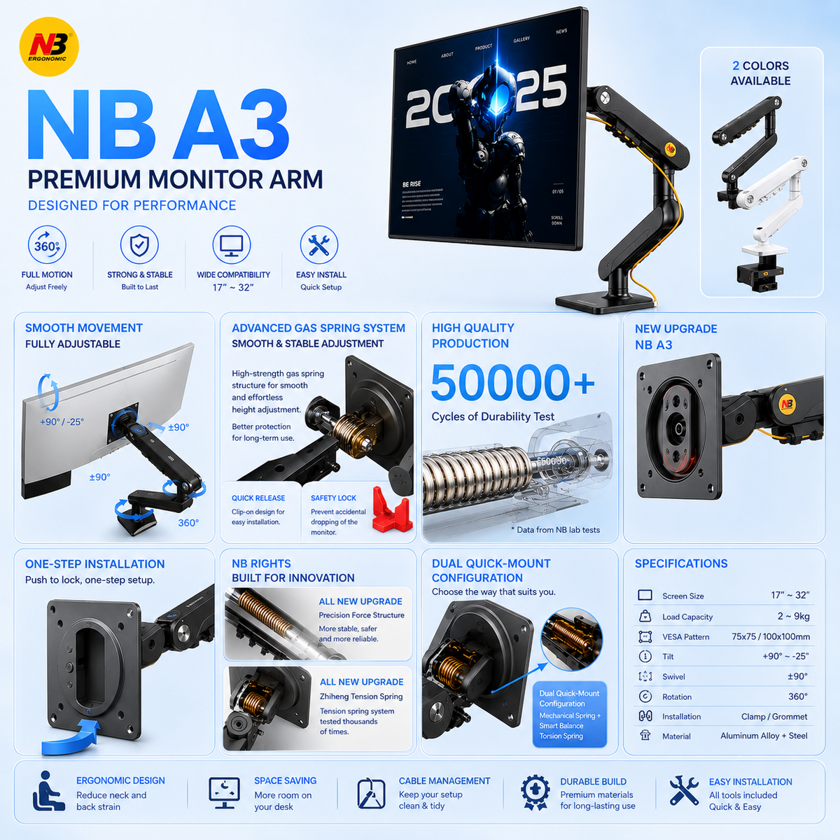 North bayou nb a3 monitor stand monitor arm suitable for 17–32 inch monitors easy installation desk clamp base.