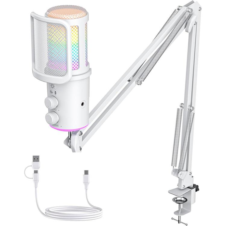 Onikuma m530 rgb condenser usb microphone with multifunctional knob & monitoring - white - microphones