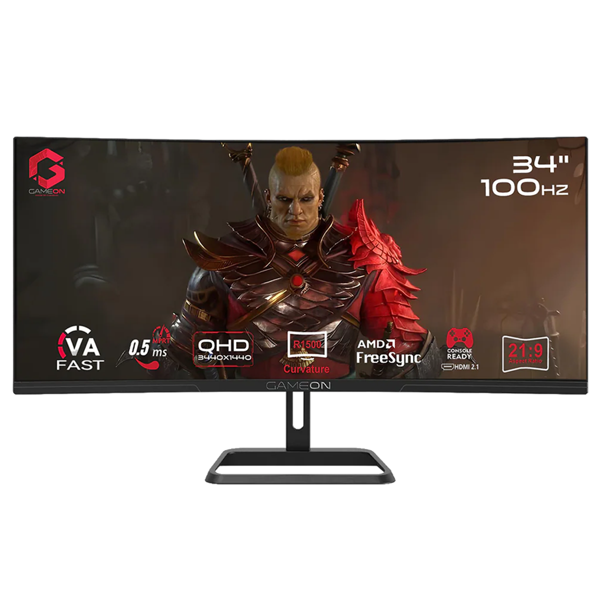 Gameon spectra pro series 34’’ wqhd 100hz mprt 0.5ms hdmi 2.1 fast va panel curved gaming monitor 1500r 21:9 (supports