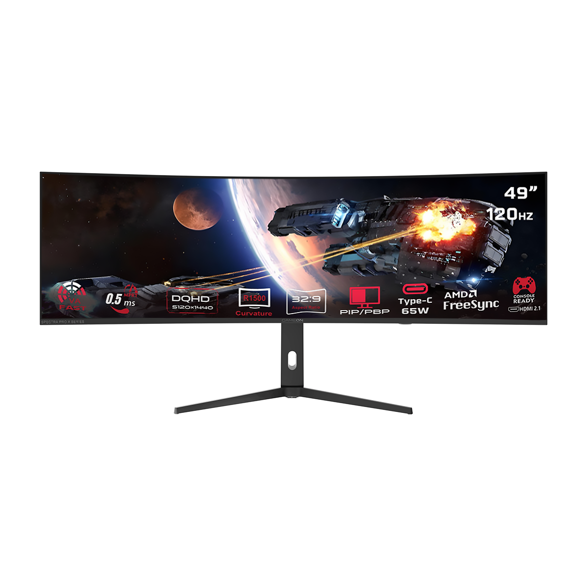 Gameon spectra pro x series 49’’ dqhd 120hz mprt 0.5ms hdmi 2.1 fast va panel curved gaming monitor 1500r 32:9