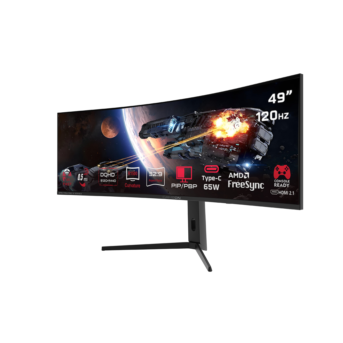 Gameon spectra pro x series 49’’ dqhd 120hz mprt 0.5ms hdmi 2.1 fast va panel curved gaming monitor 1500r 32:9