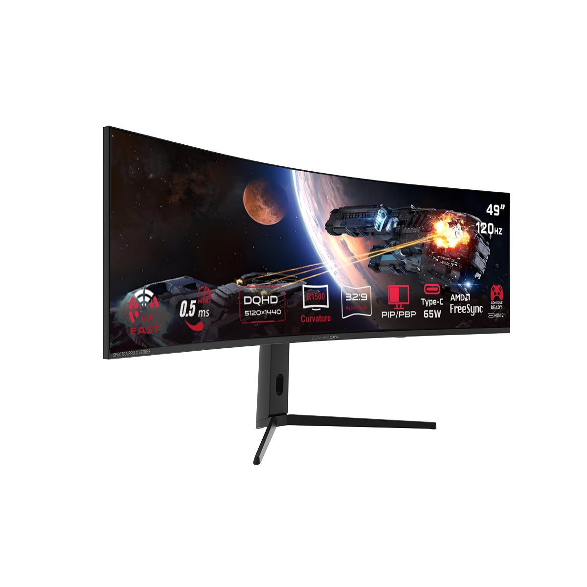 Gameon spectra pro x series 49’’ dqhd 120hz mprt 0.5ms hdmi 2.1 fast va panel curved gaming monitor 1500r 32:9