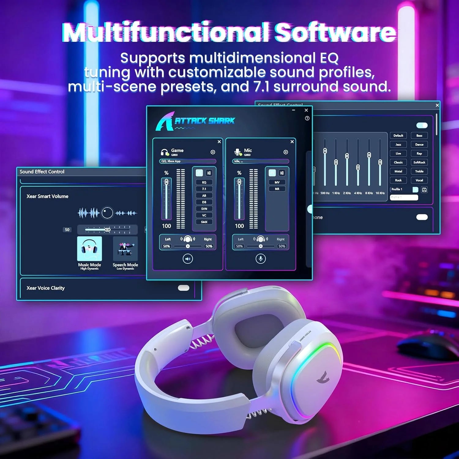 Attack shark g800 wireless rgb gaming headset:7.1 surround sound-50mm drivers-memory foam ear