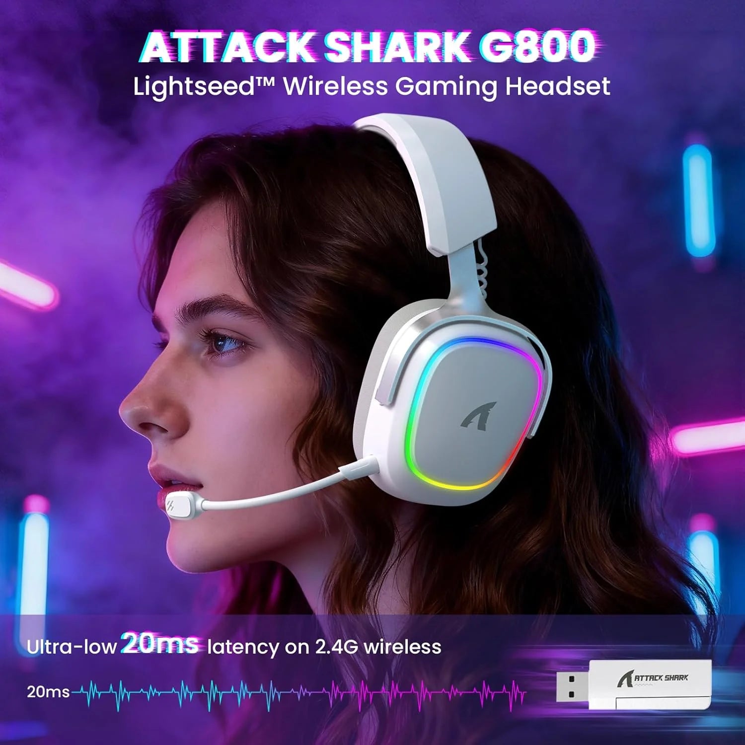 Attack shark g800 wireless rgb gaming headset:7.1 surround sound-50mm drivers-memory foam ear