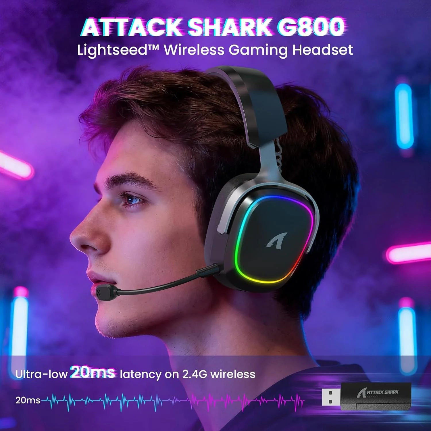 Attack shark g800 wireless rgb gaming headset:7.1 surround sound-50mm drivers-memory foam ear