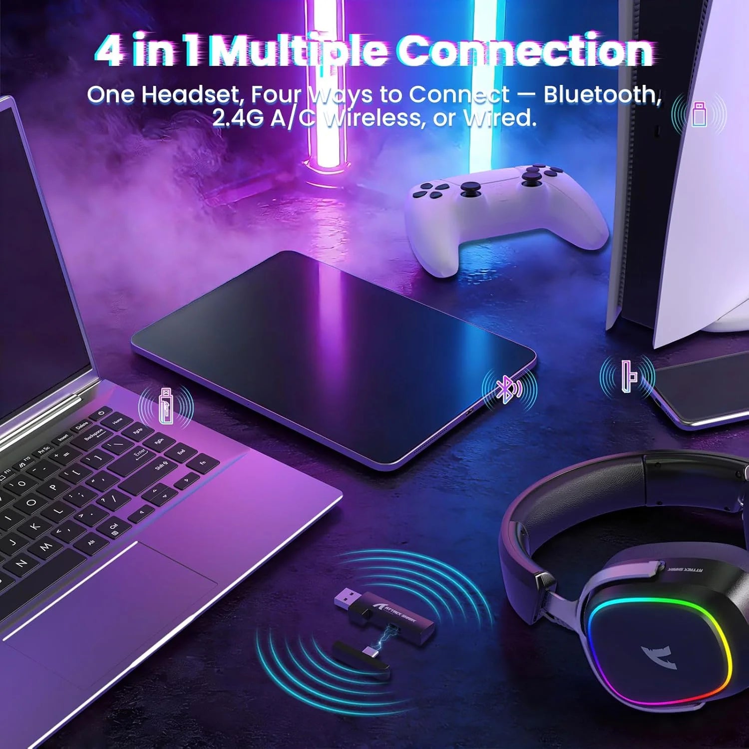 Attack shark g800 wireless rgb gaming headset:7.1 surround sound-50mm drivers-memory foam ear