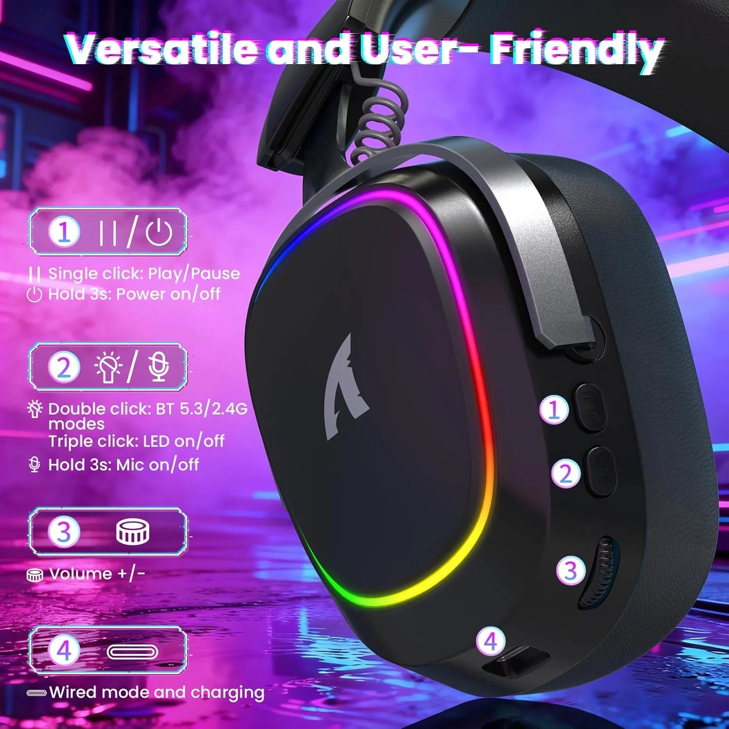 Attack shark g800 wireless rgb gaming headset:7.1 surround sound-50mm drivers-memory foam ear