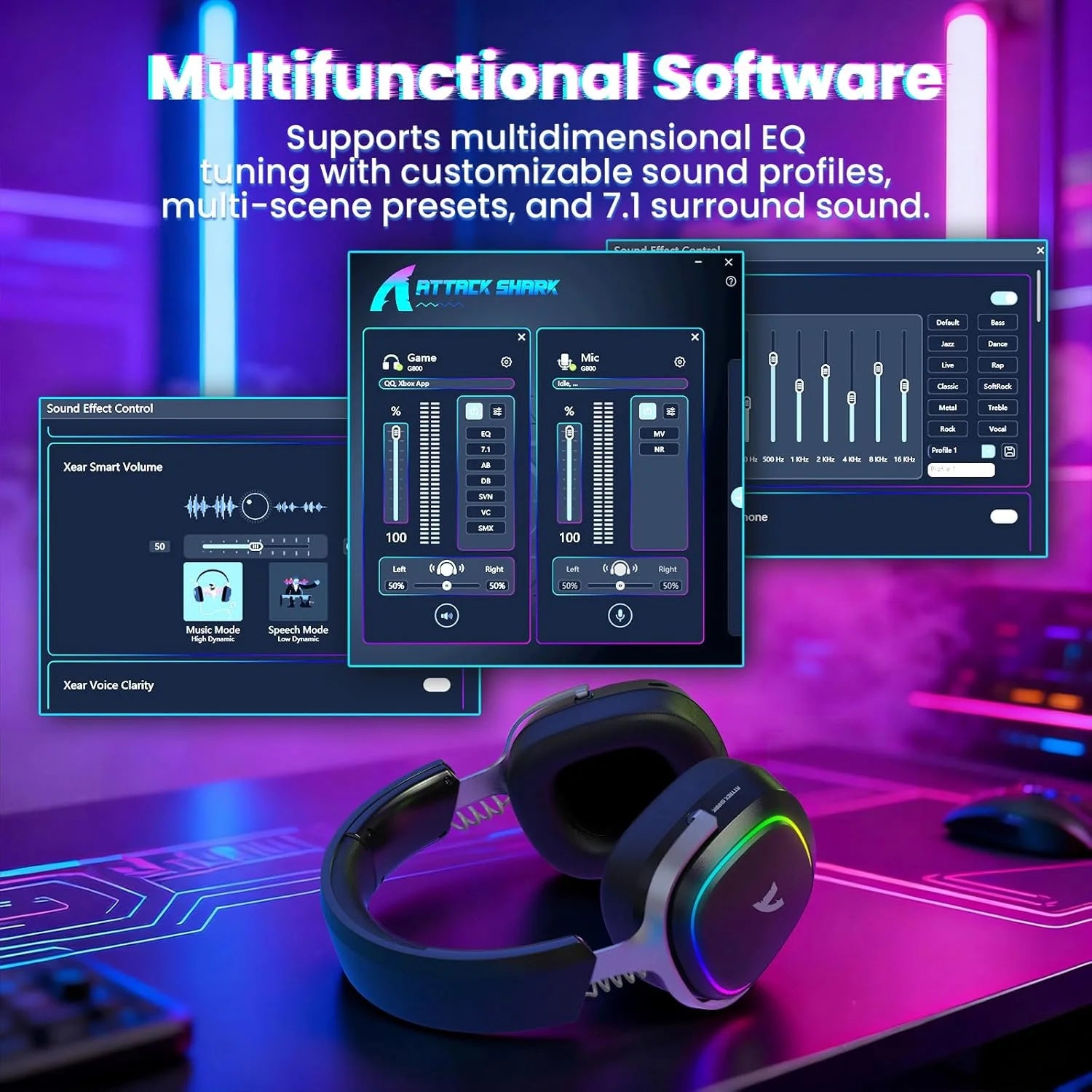 Attack shark g800 wireless rgb gaming headset:7.1 surround sound-50mm drivers-memory foam ear