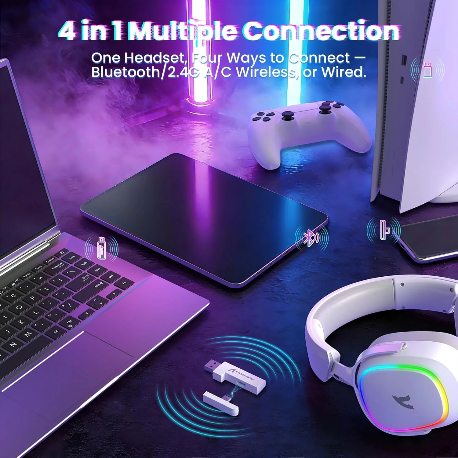 Attack shark g800 wireless rgb gaming headset:7.1 surround sound-50mm drivers-memory foam ear