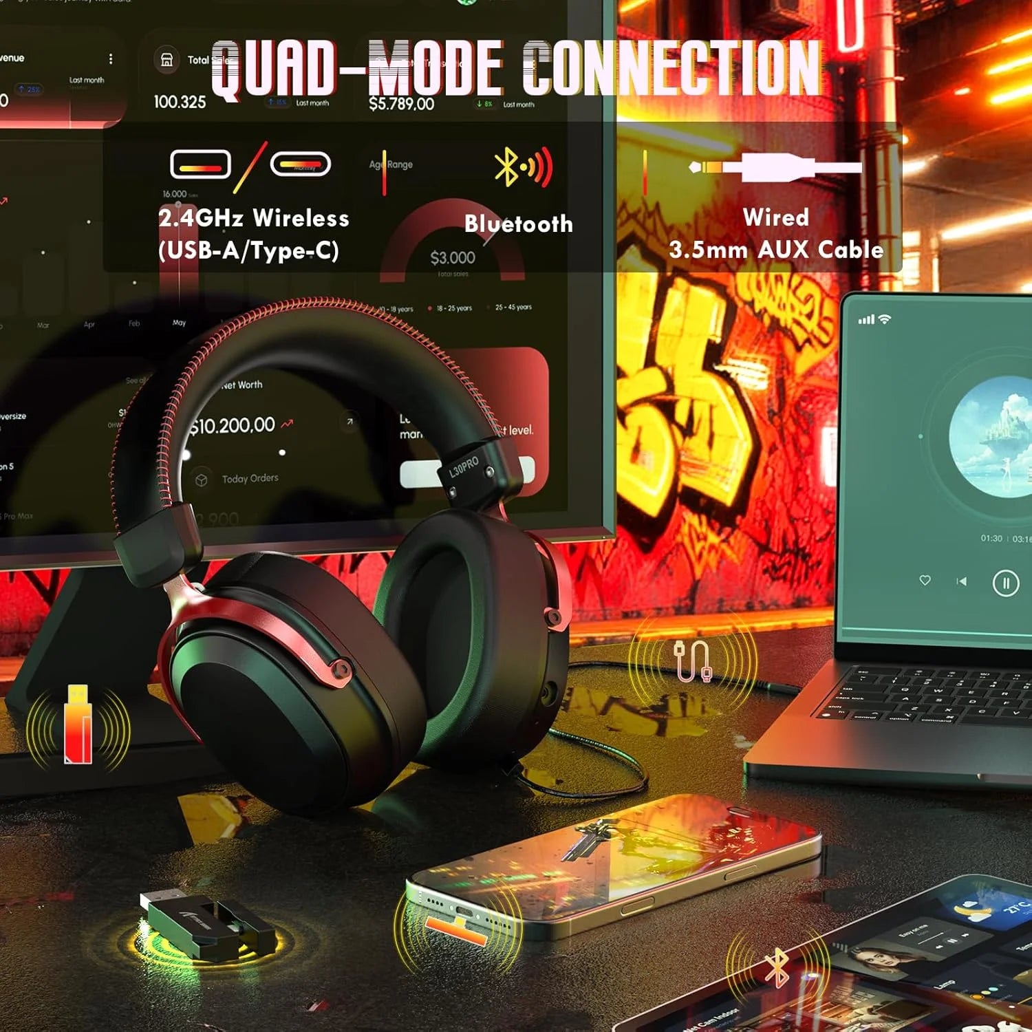 Attack shark l30pro wireless gaming headset with 2.4ghz/bt/wired long battery life with detachable microphone 7.1