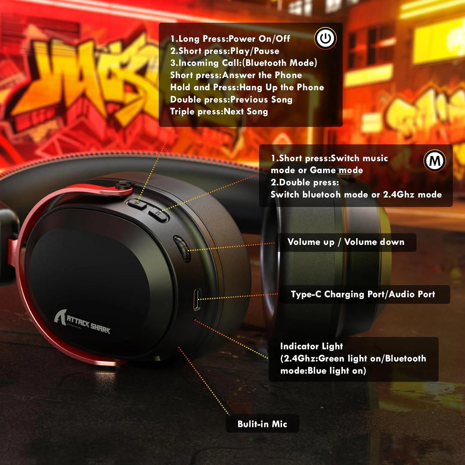 Attack shark l30pro wireless gaming headset with 2.4ghz/bt/wired long battery life with detachable microphone 7.1