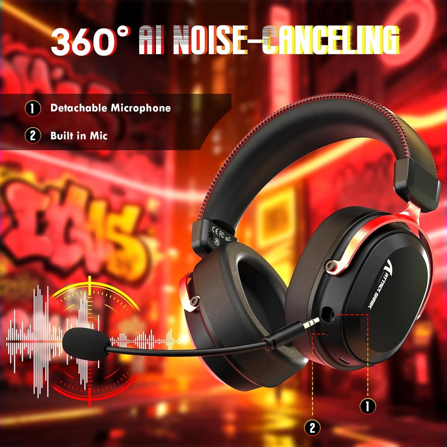Attack shark l30pro wireless gaming headset with 2.4ghz/bt/wired long battery life with detachable microphone 7.1