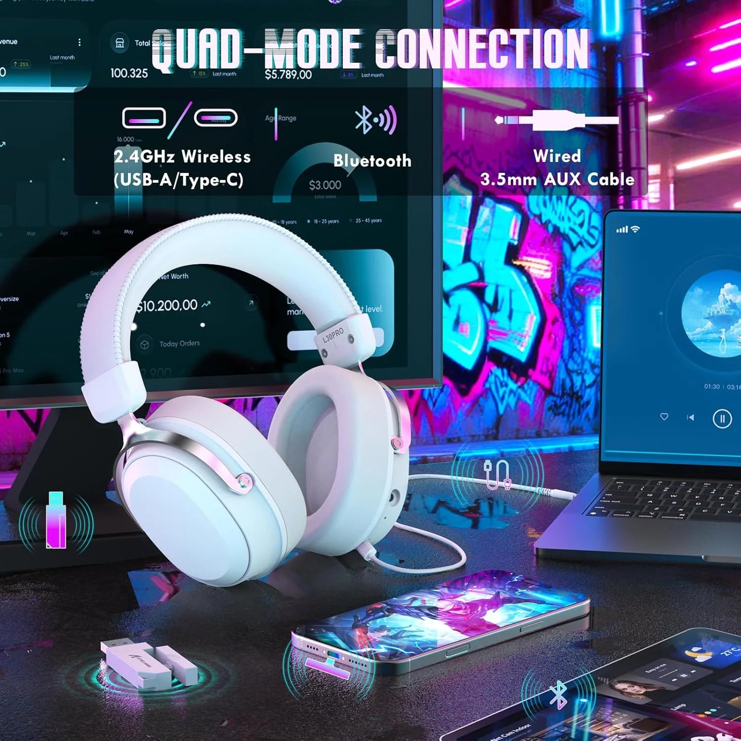 Attack shark l30pro wireless gaming headset with 2.4ghz/bt/wired long battery life with detachable microphone 7.1