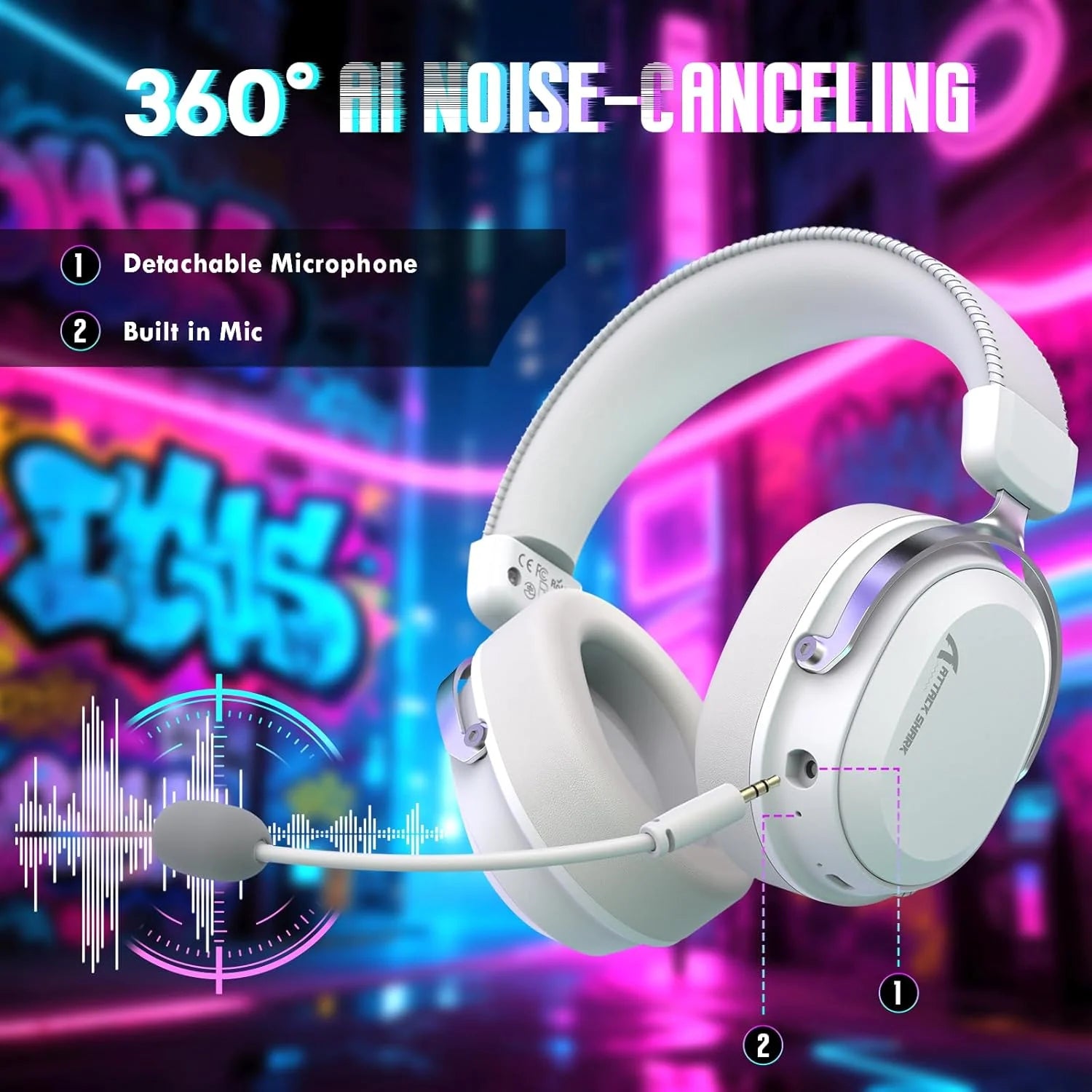 Attack shark l30pro wireless gaming headset with 2.4ghz/bt/wired long battery life with detachable microphone 7.1
