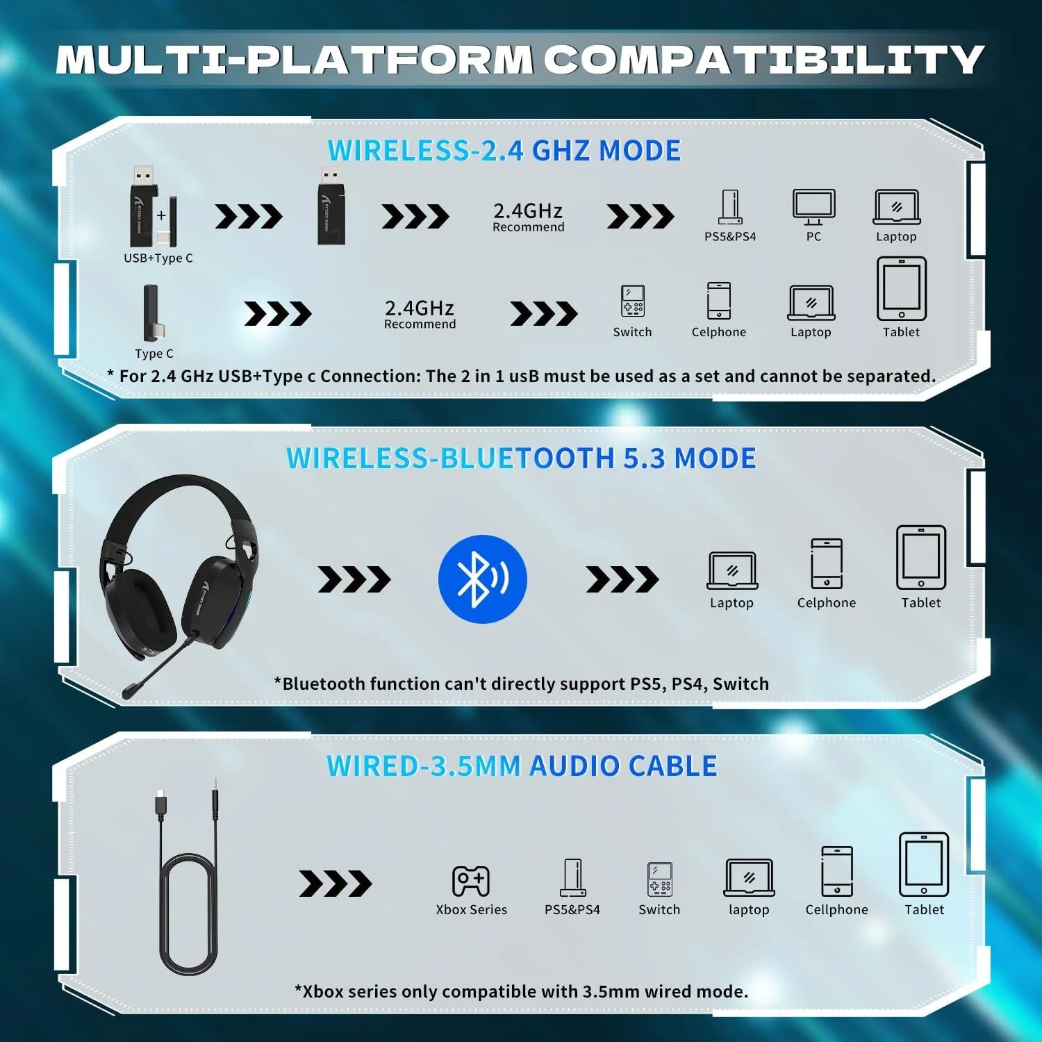 Attack shark l90 ultra-light wireless headset,rgb,foldable,triple- mode-2.4ghz/bluetooth/wired gaming headphone