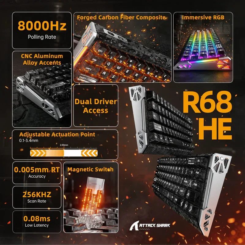 Attack shark r68 he 60% wired rapid trigger 8k mechanical rgb gaming keyboard with 0.005mm accuracy,0.08ms latency,256k
