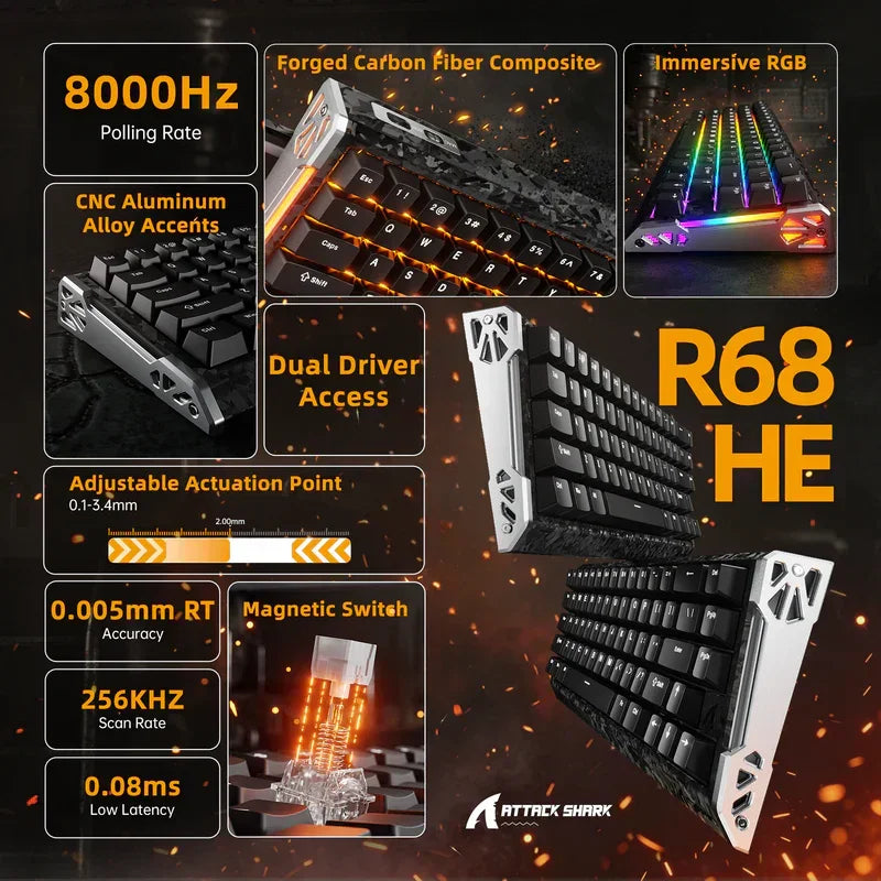 Attack shark r68 he 60% wired rapid trigger 8k mechanical rgb gaming keyboard with 0.005mm accuracy,0.08ms latency,256k