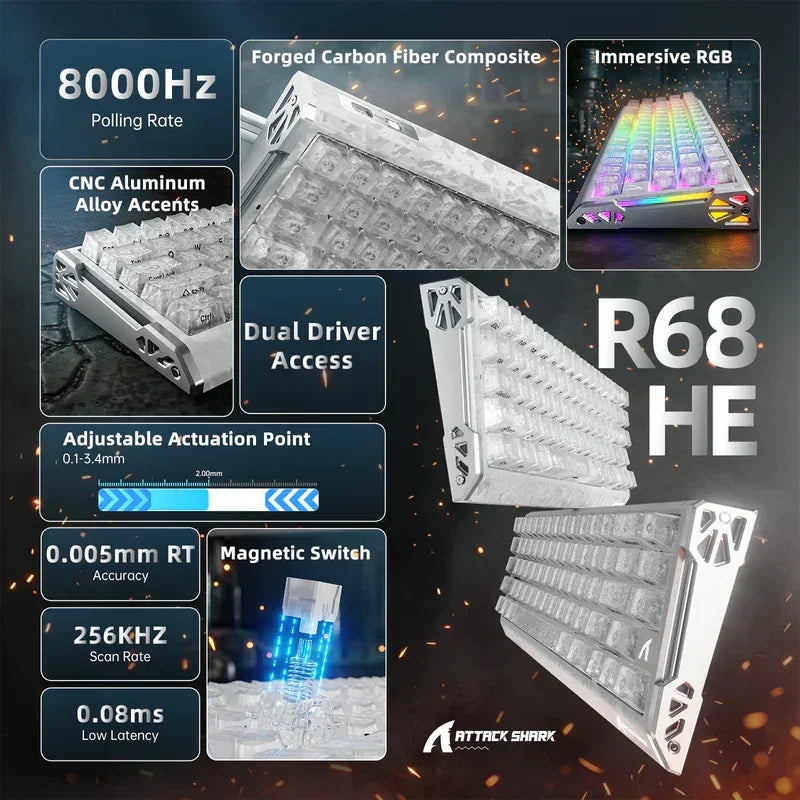 Attack shark r68he 60% wired rapid trigger 8k mechanical rgb gaming keyboard with 0.005mm accuracy,0.08ms latency,256k