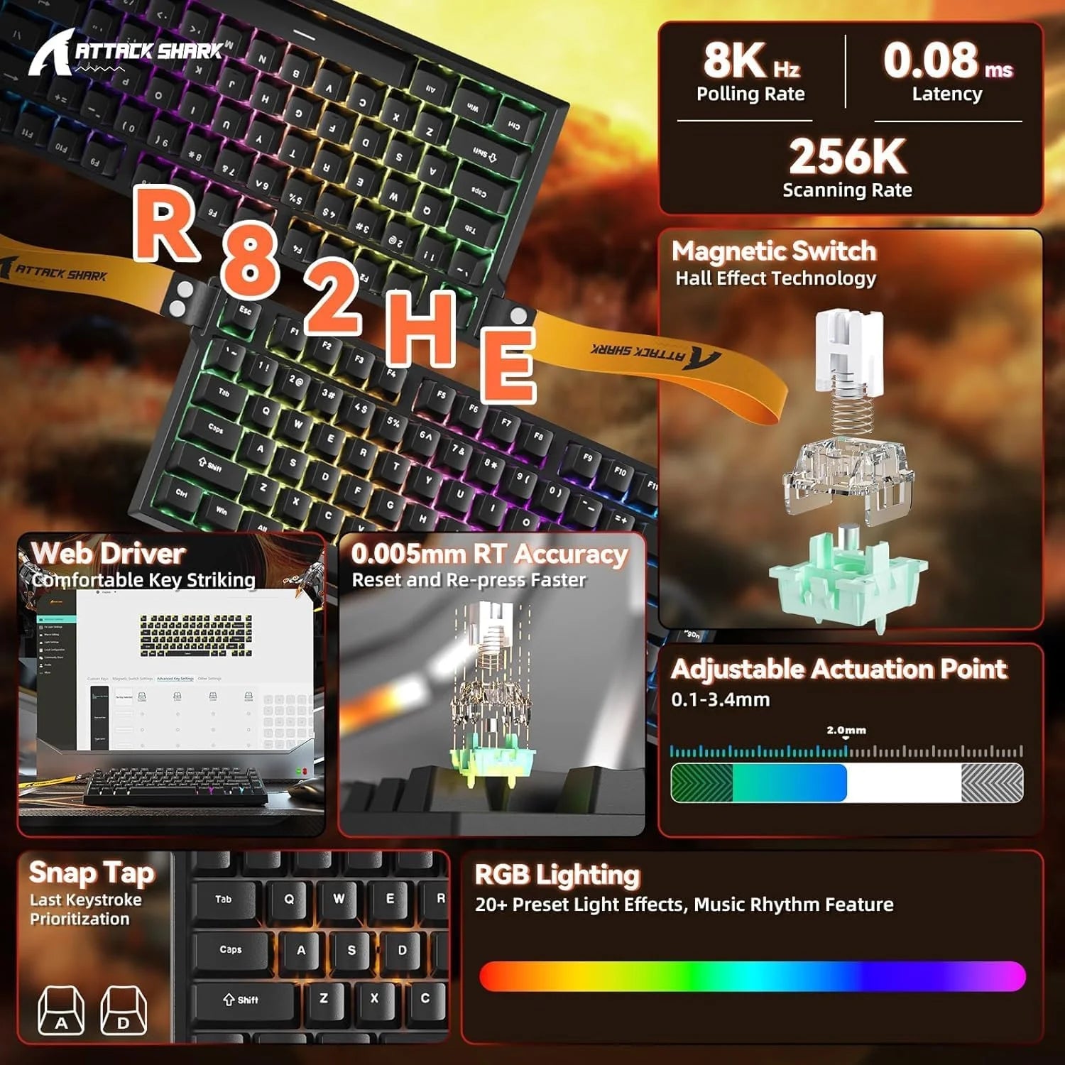 Attack shark r82 he rapid trigger wired mechanical gaming keyboard tkl nkro with 8k polling,0.005mm rt accuracy,256k