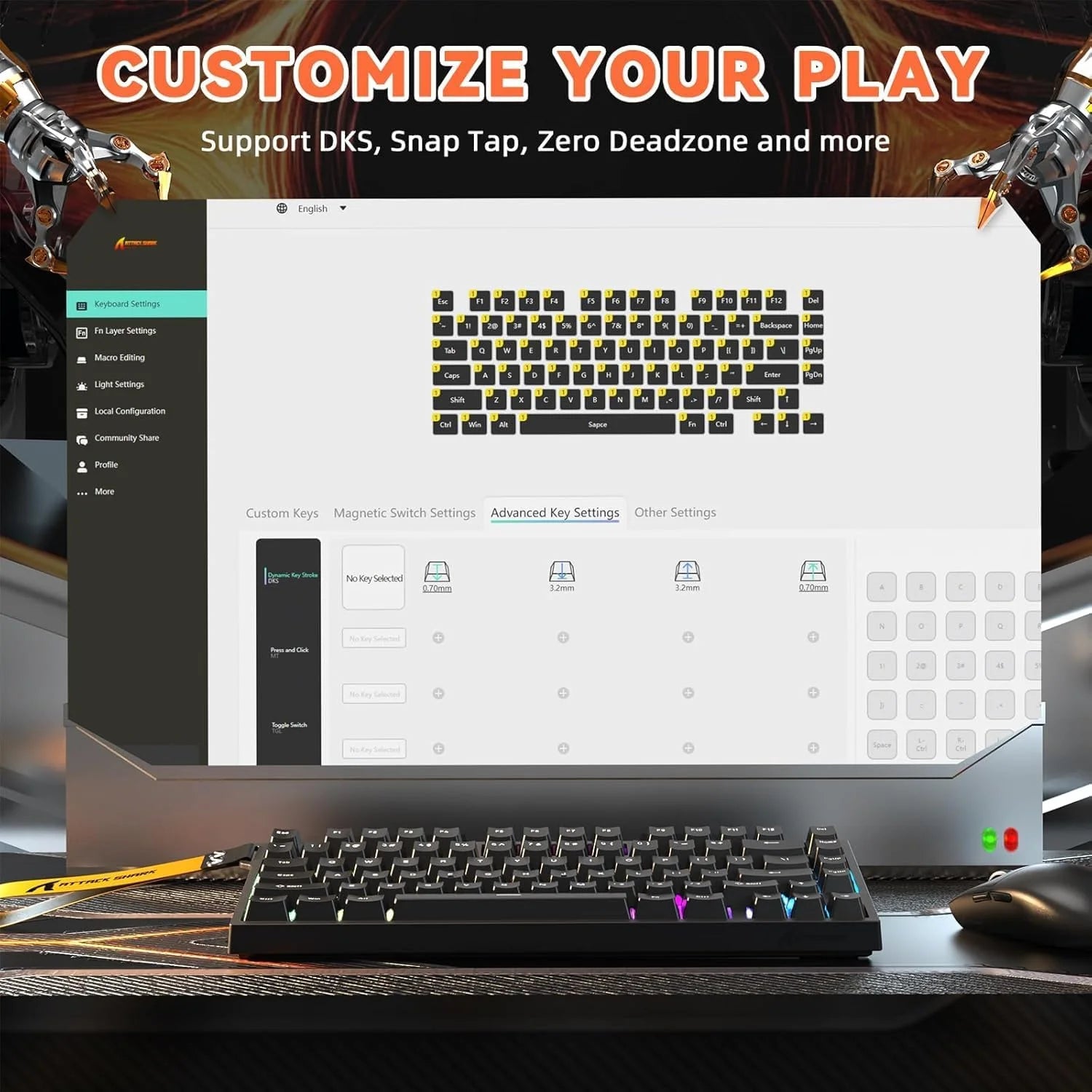 Attack shark r82 he rapid trigger wired mechanical gaming keyboard tkl nkro with 8k polling,0.005mm rt accuracy,256k
