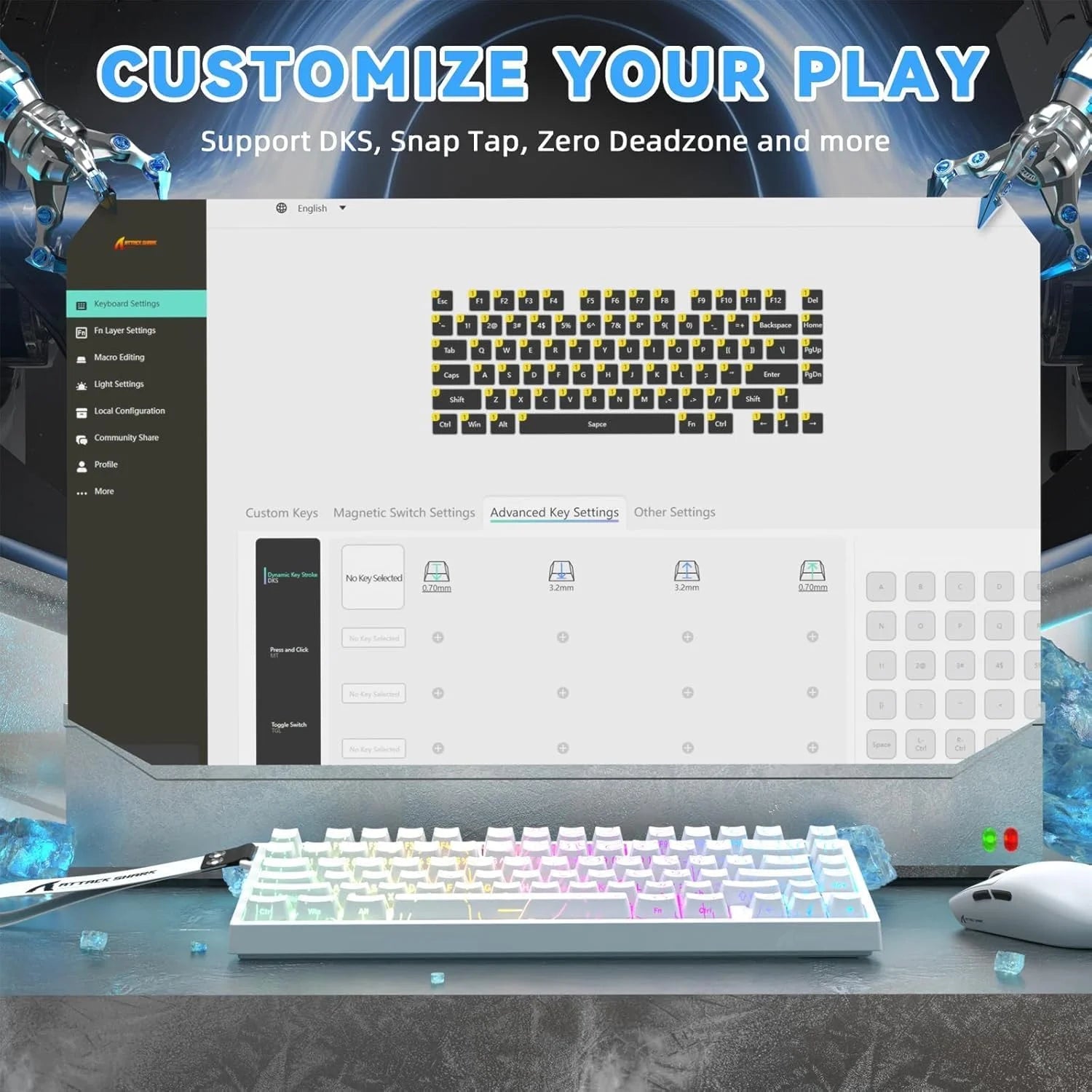 Attack shark r82he rapid trigger wired mechanical gaming keyboard tkl nkro with 8k polling,0.005mm rt accuracy,256k