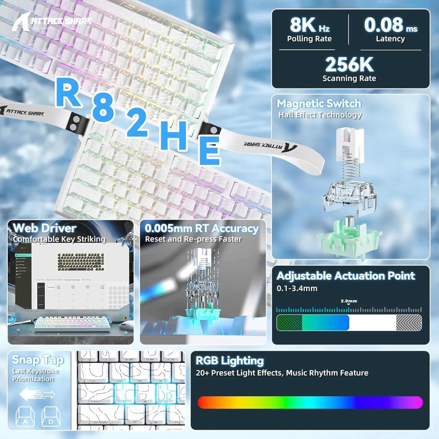 Attack shark r82he rapid trigger wired mechanical gaming keyboard tkl nkro with 8k polling,0.005mm rt accuracy,256k