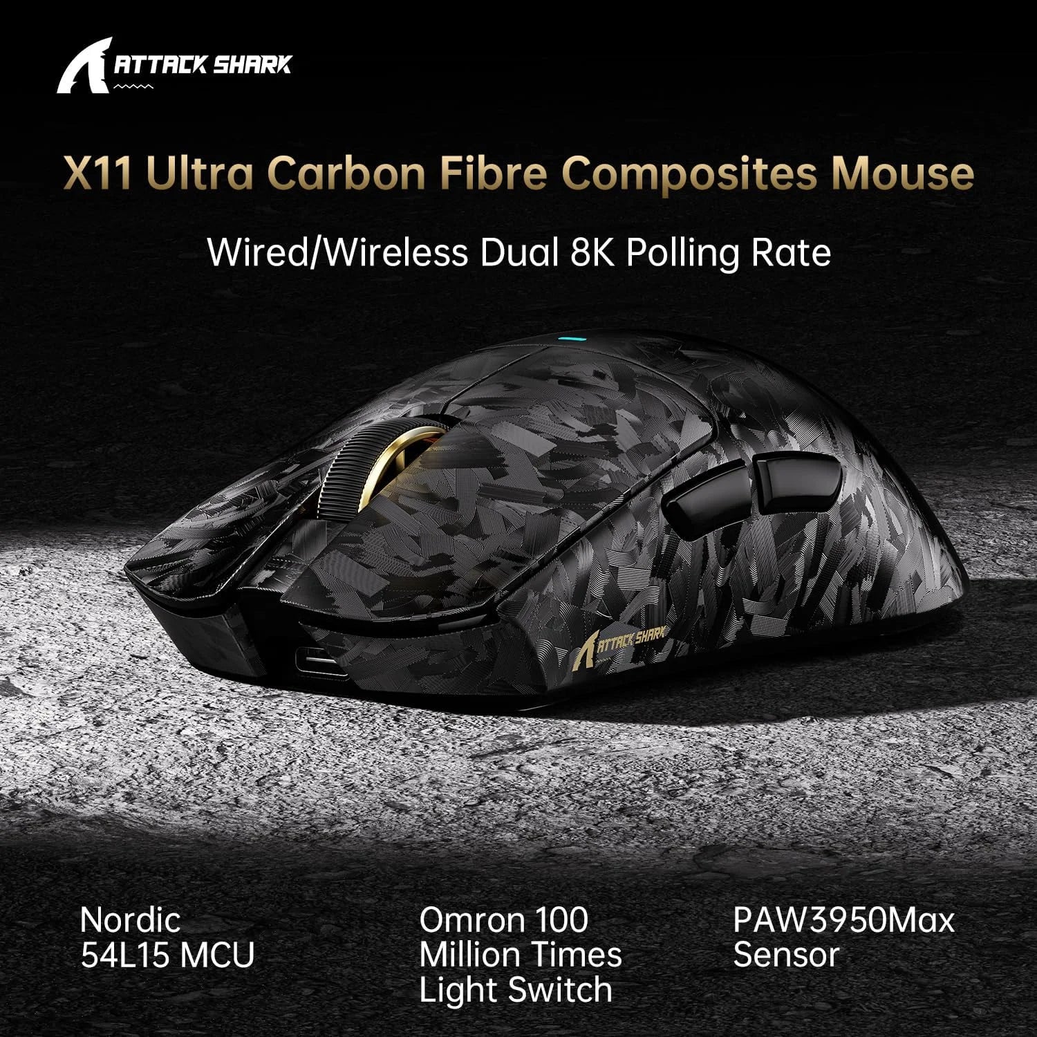 Attack shark x11 ultra 8k carbon fiber wireless gaming mouse with 42000 dpi-paw3950 max sensor-63g lightweight,nordic