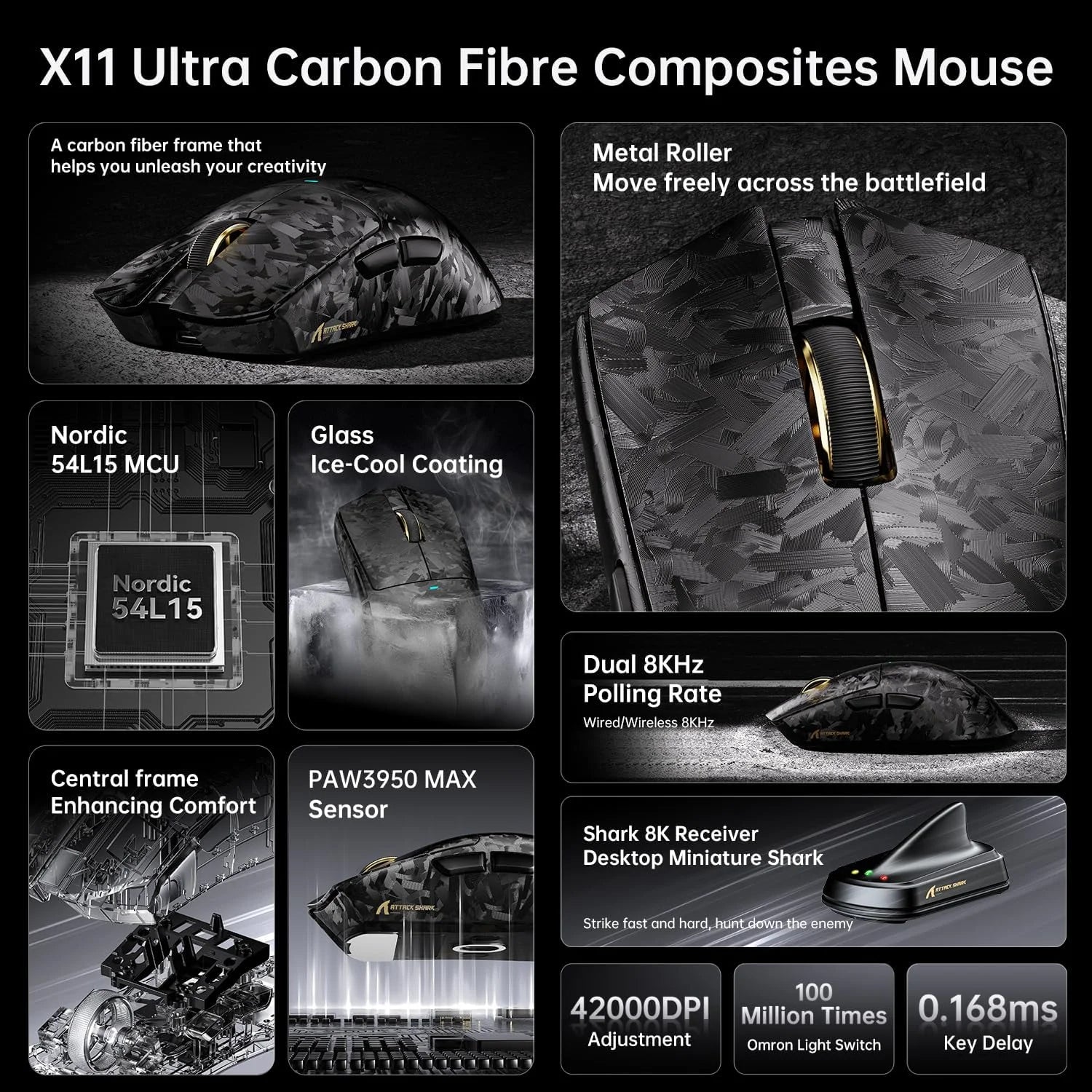Attack shark x11 ultra 8k carbon fiber wireless gaming mouse with 42000 dpi-paw3950 max sensor-63g lightweight,nordic