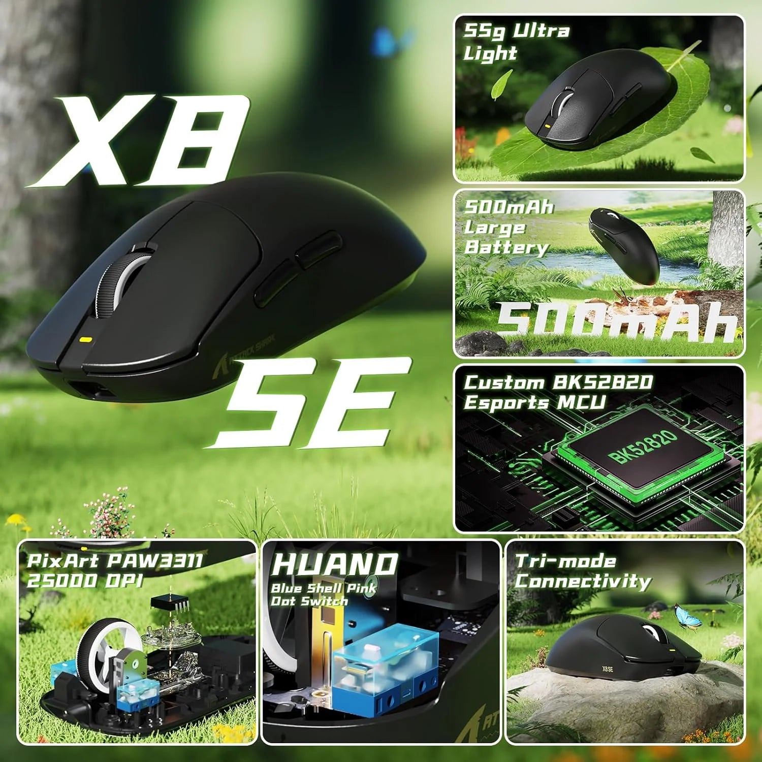 Attack shark x8 se wireless gaming mouse,55g ultra-lightweight wired/bt/2.4ghz wireless programmable mouse,1k polling