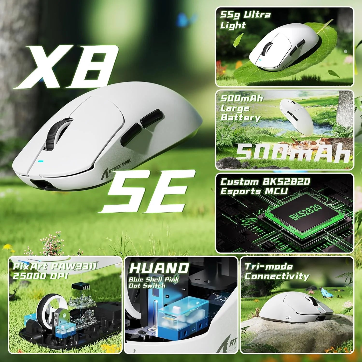Attack shark x8 se wireless gaming mouse,55g ultra-lightweight wired/bt/2.4ghz wireless programmable mouse,1k polling