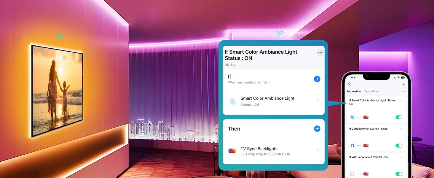 Smart home control interface displayed on smartphone, showing lighting controls. Room features colorful LED ambient lighting and a wall-mounted TV or digital art frame.